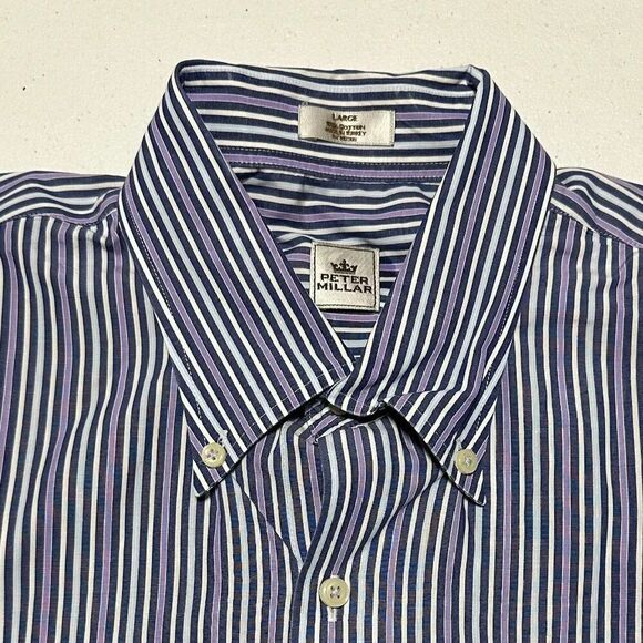 Peter Millar Button Down Shirt Long Sleeve Blue Purple Stripe Cotton Size Large - Picture 3 of 6